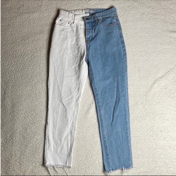 Stevens Color Block Jeans | MOM button fly  Raw Hem High Rise - Picture 3 of 14
